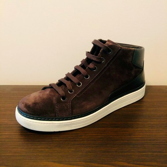 Prada High Top Sneaker Calfskin Suede Leather-Blue - Picture 4 of 7